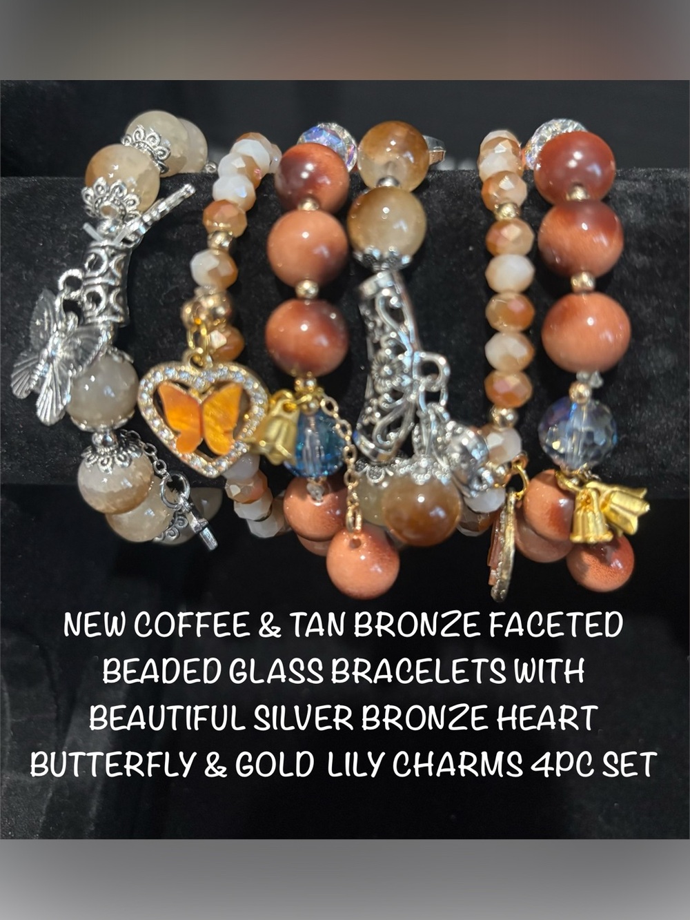 NEW COFFEE TAN GLASS BRACELETS W/ GOLD BRONZE HEART BUTTERFLY & ELEPHANT CHARMS